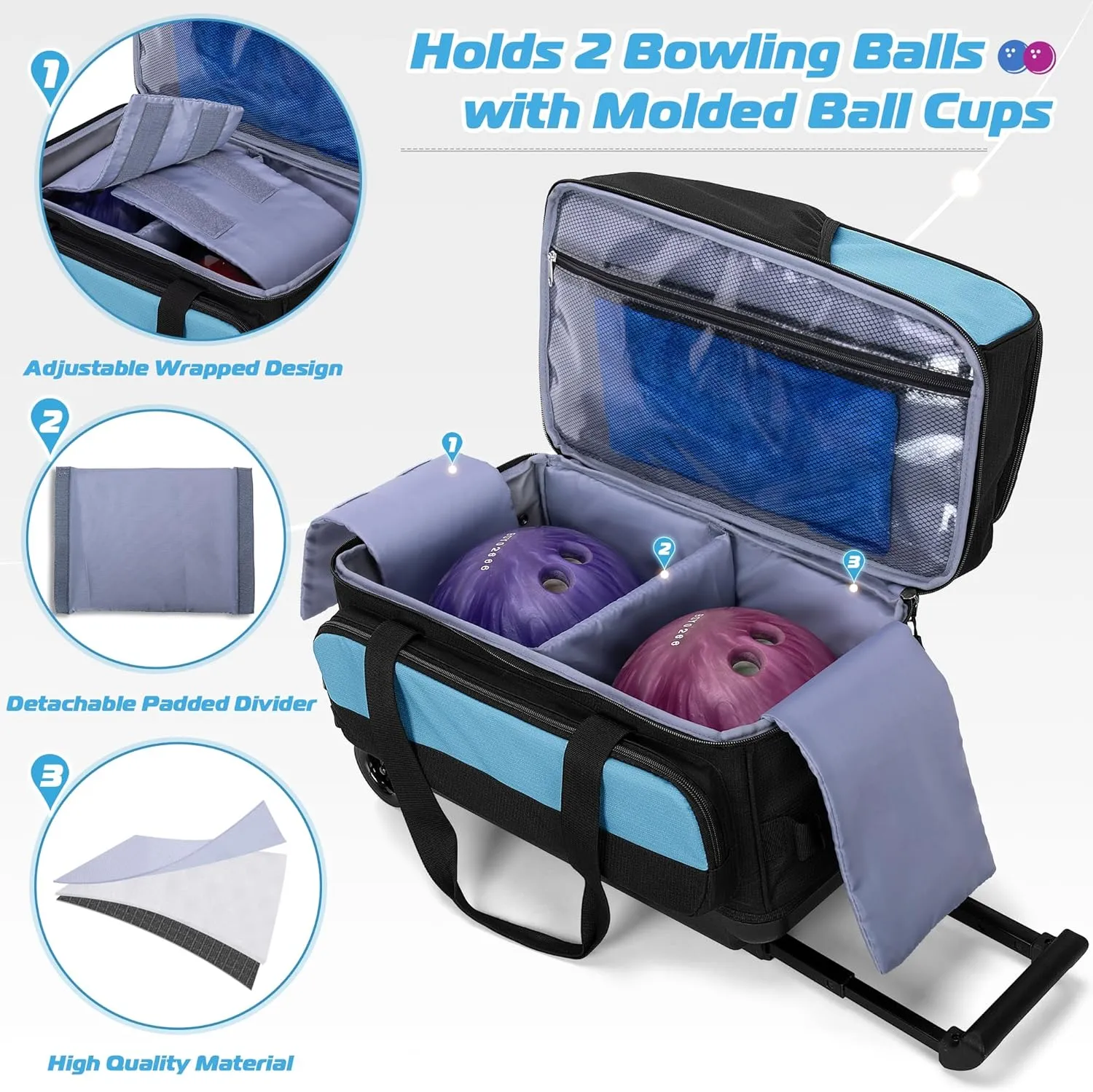 2 Bowling Ball Roller Bag with Large Shoes Compartment(Up To US Mens Size 16), Bowling Bag with Wheels, Retractable Handle (Extends to 40") and Multiple Functional Organizer Pockets