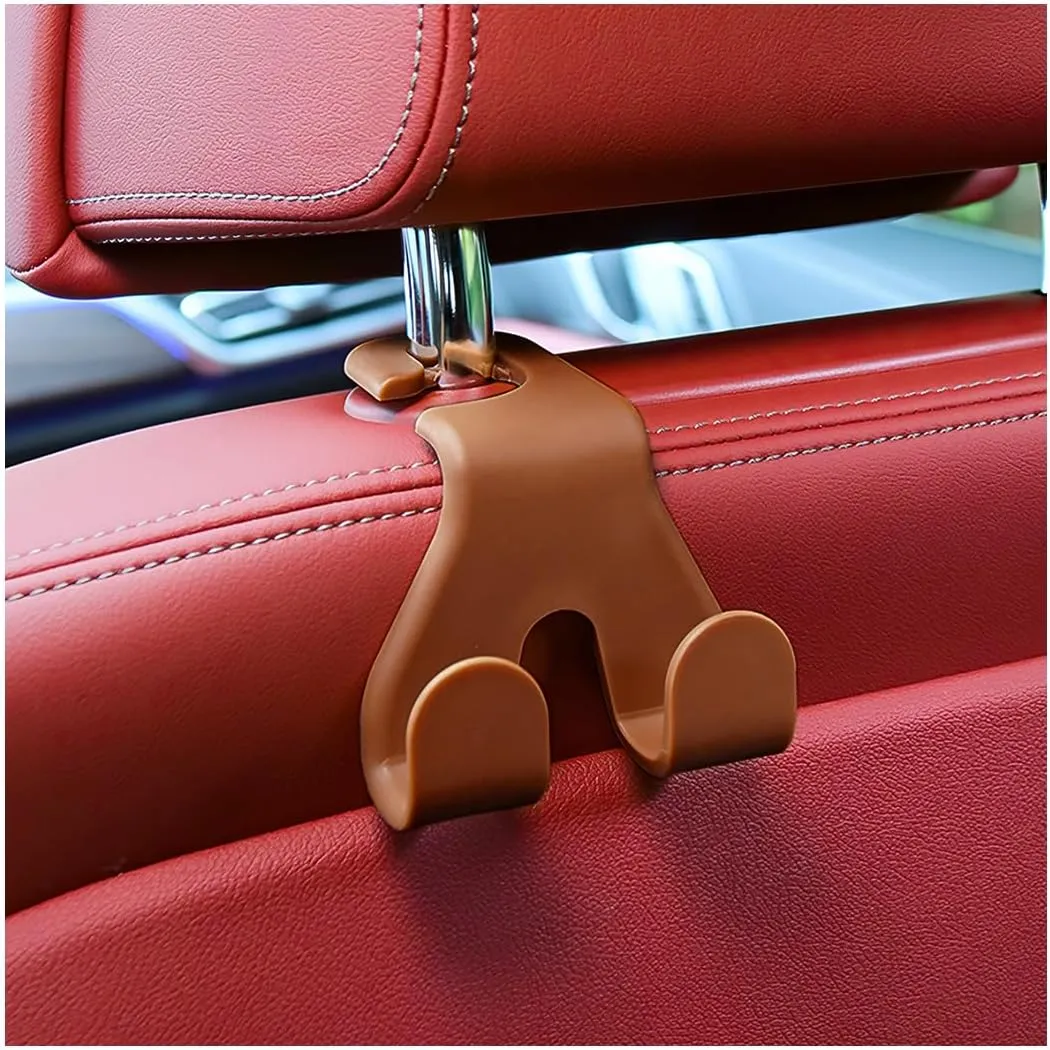 AICEL Car Seat Headrest Hook, 4 Pack Purse Hooks for Auto, 2 in 1 Durable Seat Back Hanger, Storage Organizer Phone Holder for Automotive Interior, Universal for Handbag Coat Grocery (Brown)