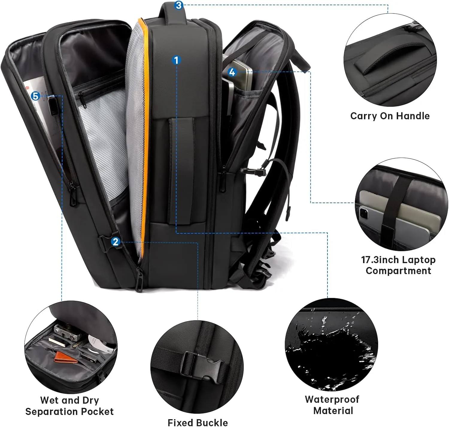 BANGE 35L Men's Expandable Laptop Backpack for 17.3Inch Laptop, Carry On Backpack Fits Under Seat Airline Approved, Personal Item Travel Bag for Men