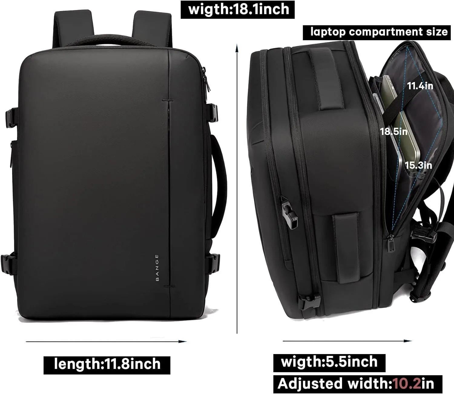 BANGE 35L Men's Expandable Laptop Backpack for 17.3Inch Laptop, Carry On Backpack Fits Under Seat Airline Approved, Personal Item Travel Bag for Men