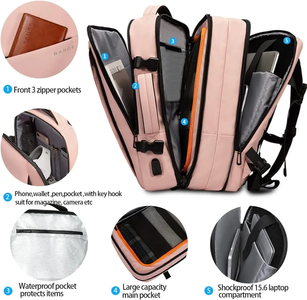 BANGE 35L Travel Backpack for Women, Carry On Backpack with USB Charging Port,17.3 Inch Laptop Backpack Flight Approved, College School Bag Casual Daypack for Weekender Business Hiking