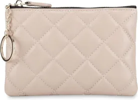 DORIS&JACKY Soft Lambskin Leather Coin Purse Small Quilted RFID Blocking Top Zipper Wallet With Key Chain