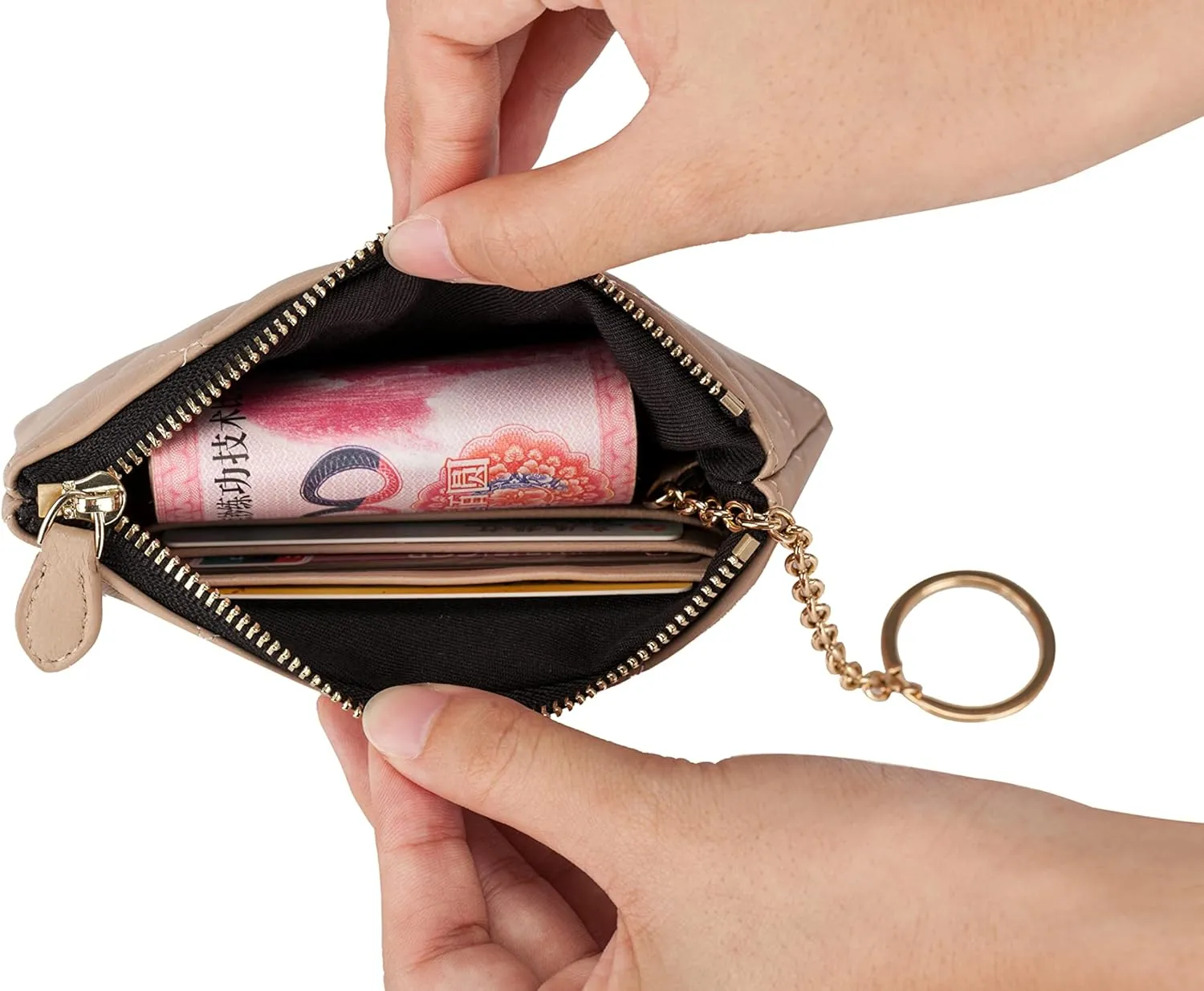 DORIS&JACKY Soft Lambskin Leather Coin Purse Small Quilted RFID Blocking Top Zipper Wallet With Key Chain