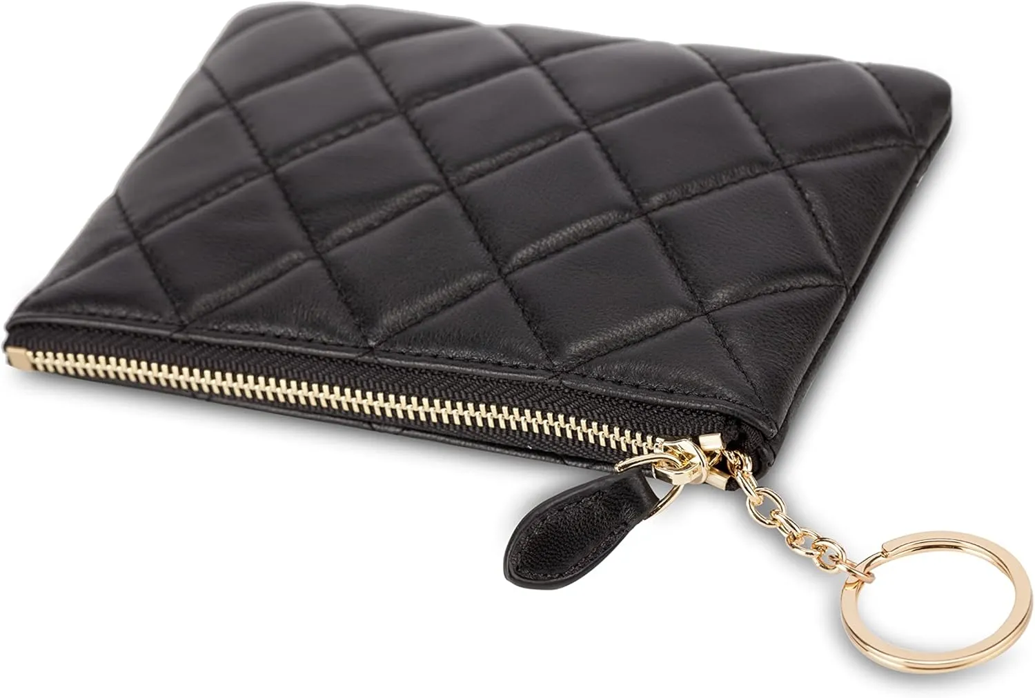 DORIS&JACKY Soft Lambskin Leather Coin Purse Small Quilted RFID Blocking Top Zipper Wallet With Key Chain