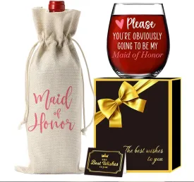 Maid of Honor Bridesmaid Proposal Bridal Shower Gifts Wedding Day Gifts for Maid of Honor Bridal Couple Gift for Wedding Day-15 oz Wine Glass And Wine Bag