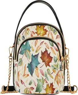 Maple Leaves on Cream Background Small Crossbody Bag Functional Multi Pocket Bag Shoulder Handbag