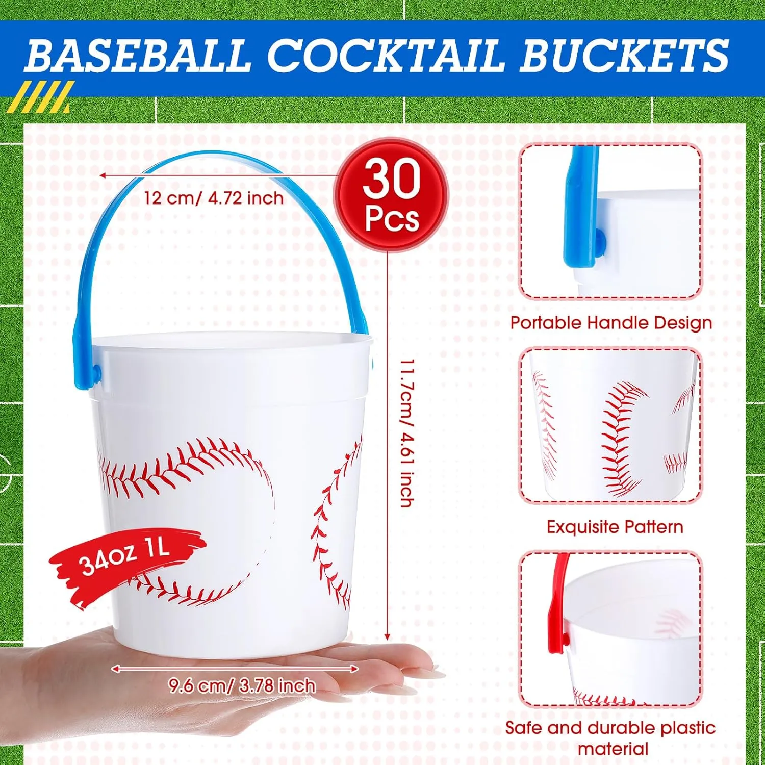 Mifoci 30 Pcs Baseball Small Plastic Bucket with Handles 34 oz Versatile Baseball Treat Bucket Bulk for Wine Beverage Party Bar Alcohol Beer Snack Drink Pail Gifts