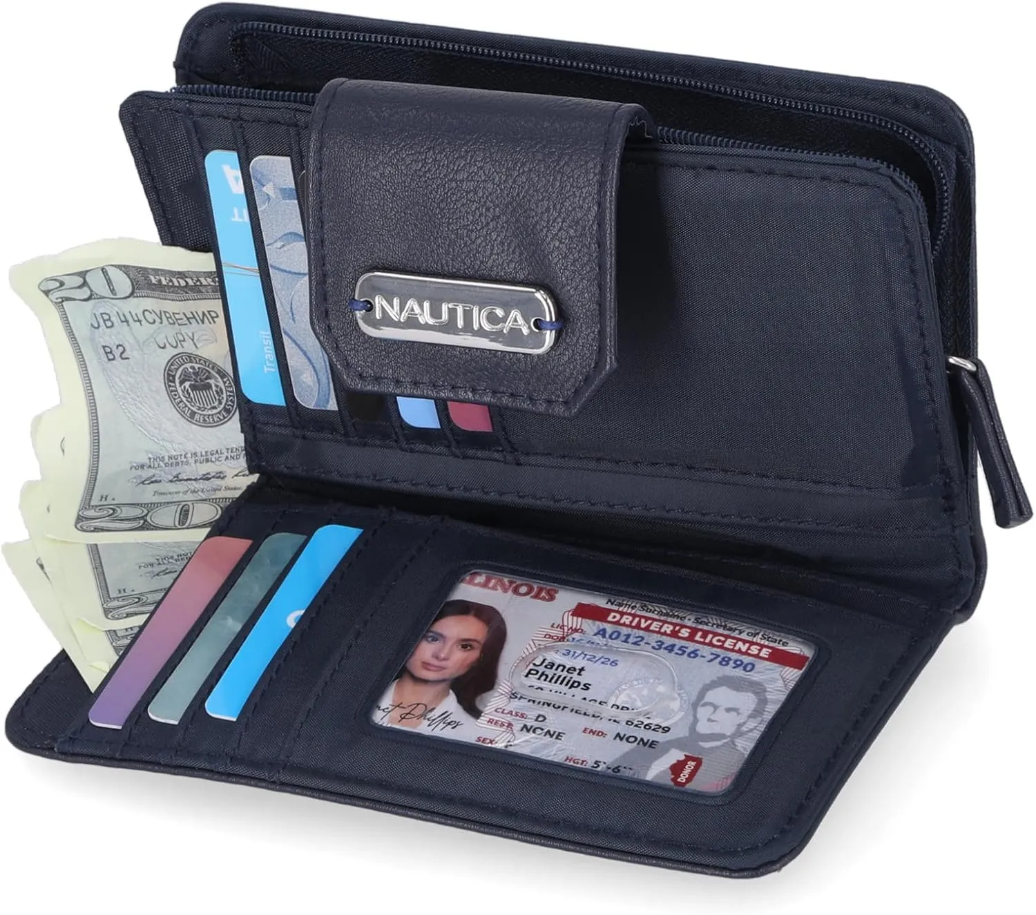 Nautica Womens, Close Reach Vegan Leather RFID Wallet, Small Credit Card Holder Purse with Zipper Coin Pocket and ID Window in Indigo
