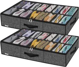 Onlyeasy Sturdy Under Bed Shoe Storage Solution Organizer For Closet Fit 16x2 Pairs, Underbed Shoes Container Bags with Reinforced Handles, Breathable, Linen-like Black, MXAUBS16P2