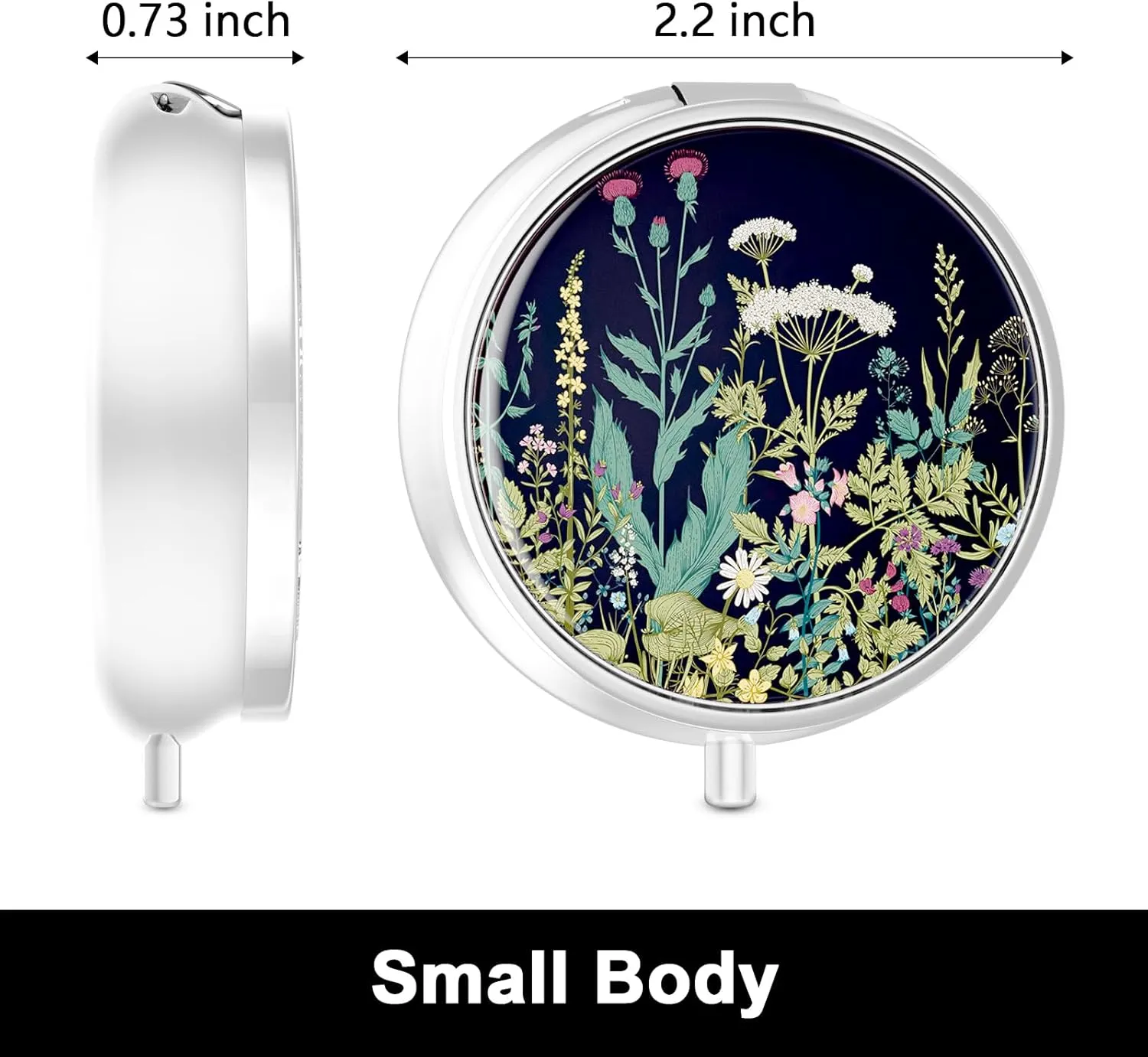 Rouidr Pill Box, 3 Compartment Medicine Pill Case, Small Metal Travel Medicine Box for Purse & Pocket, Silver, Dandelion