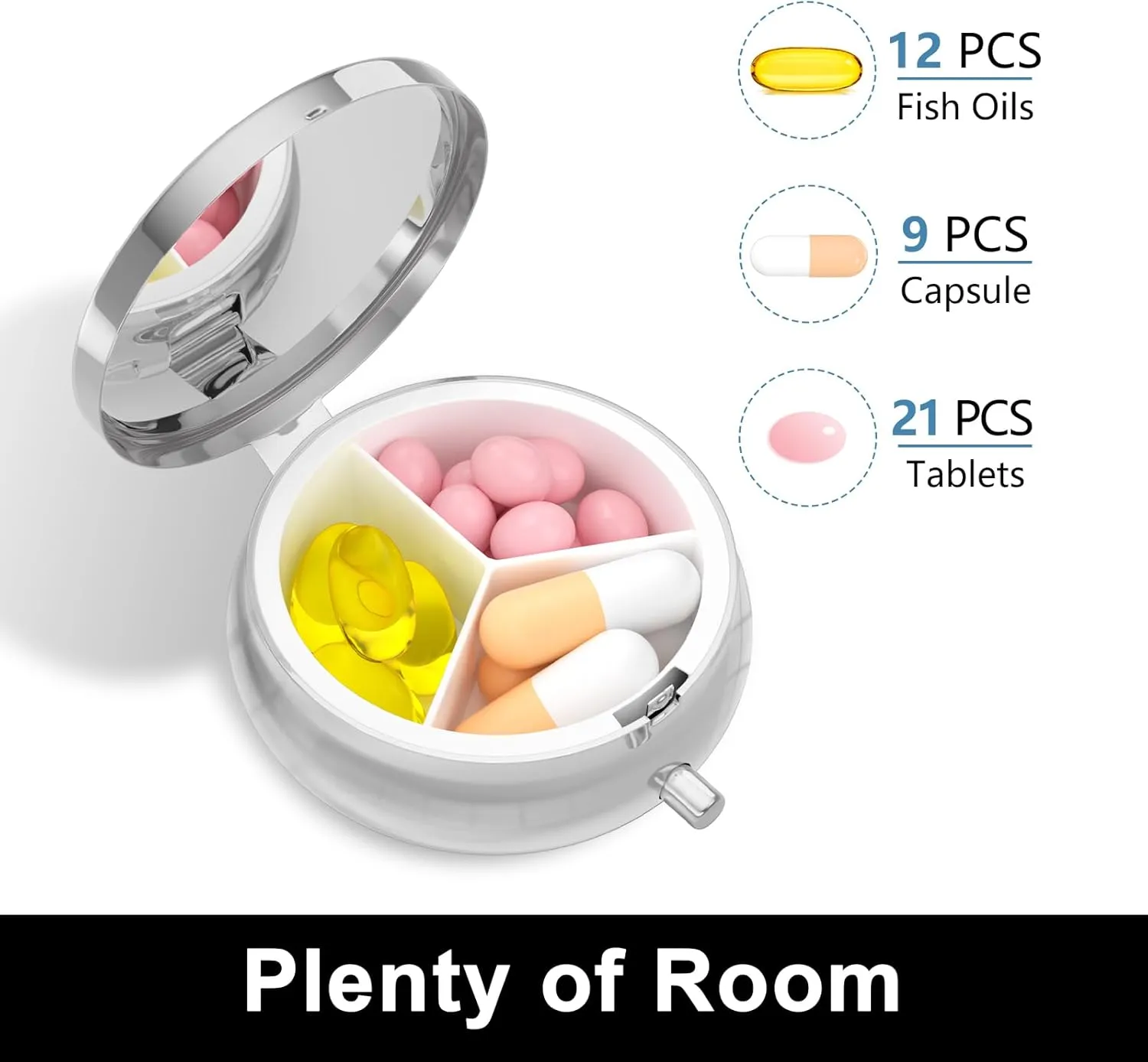 Rouidr Pill Box, 3 Compartment Medicine Pill Case, Small Metal Travel Medicine Box for Purse & Pocket, Silver, Dandelion