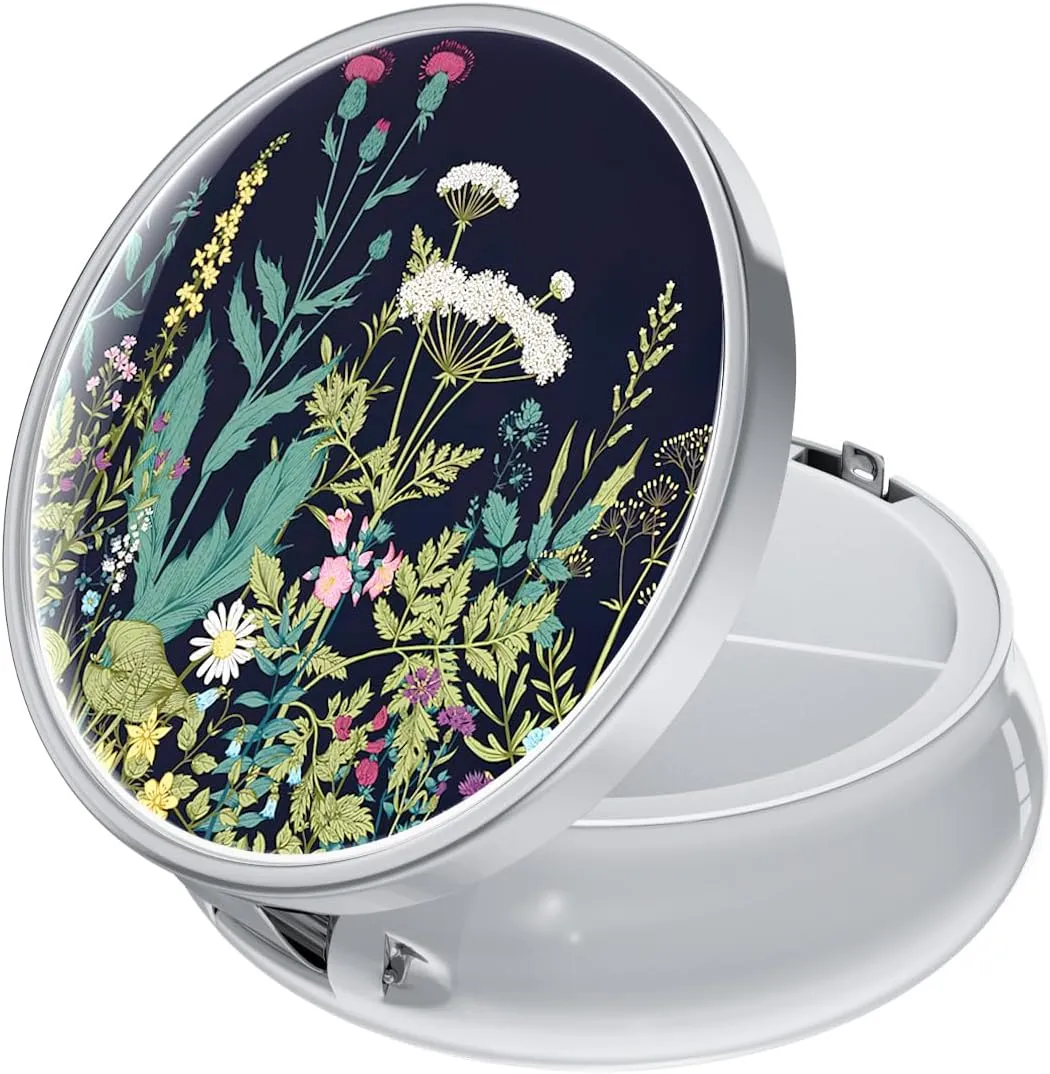 Rouidr Pill Box, 3 Compartment Medicine Pill Case, Small Metal Travel Medicine Box for Purse & Pocket, Silver, Dandelion