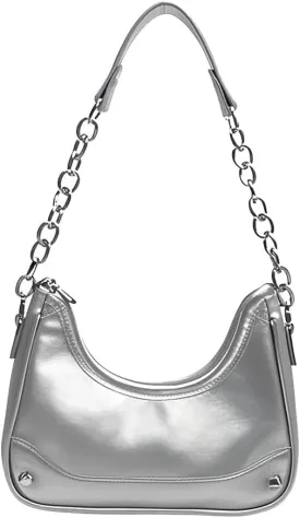 Small Hobo Shoulder Bag for Women, Metallic Handbag with Chain Strap, Crescent Purse