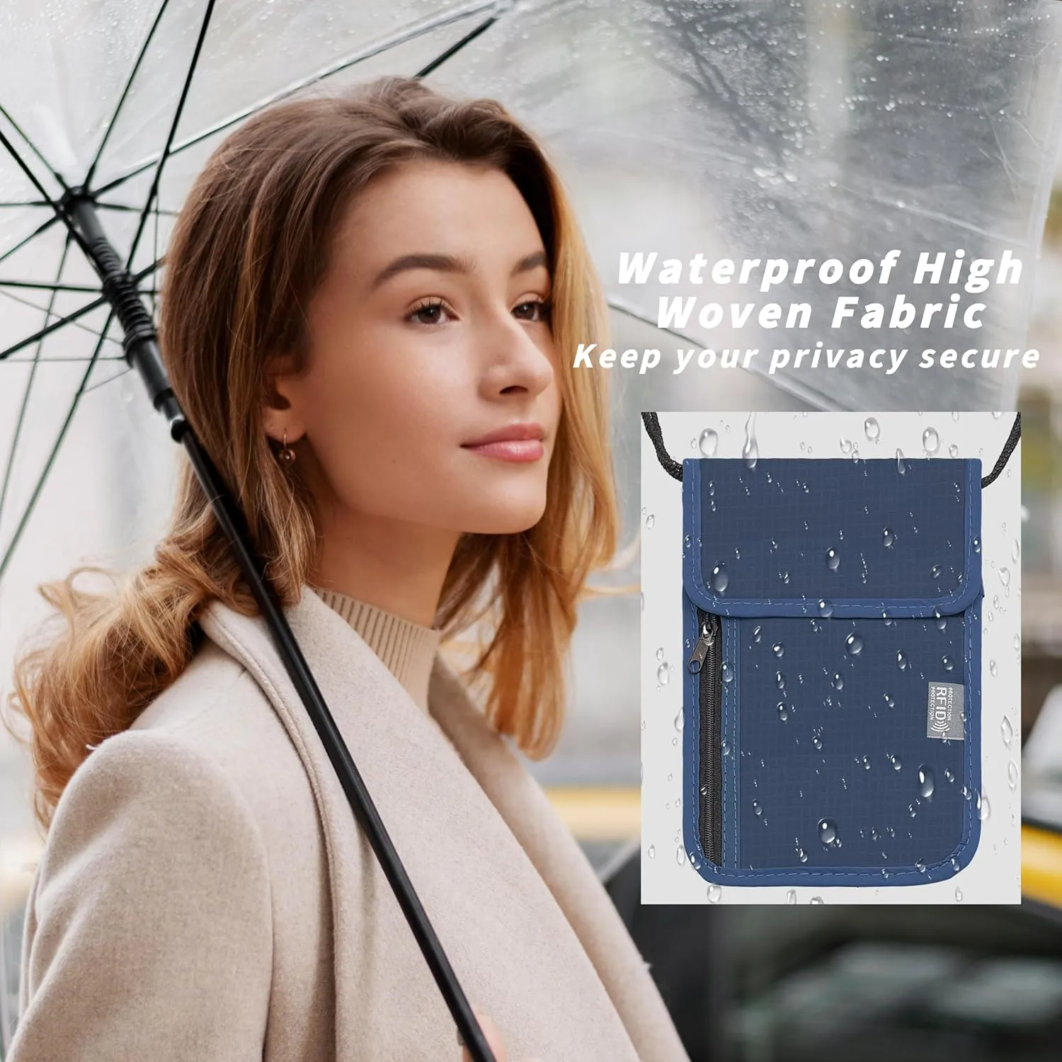 Travel Neck Wallet with RFID Blocking  Passport Holder Organizer Neck Pouch  Portable Easy to Conceal Travel Pouch (Dark Blue)