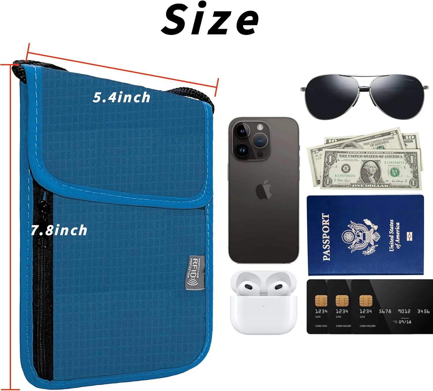 Travel Neck Wallet with RFID Blocking  Passport Holder Organizer Neck Pouch  Portable Easy to Conceal Travel Pouch (Dark Blue)