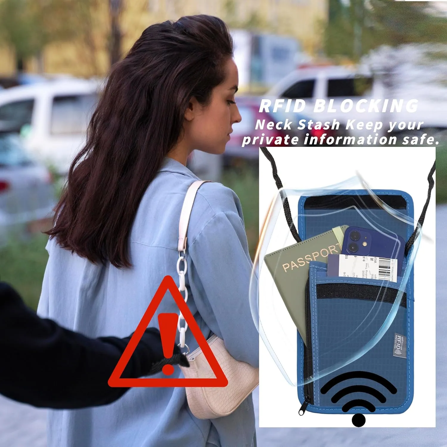 Travel Neck Wallet with RFID Blocking  Passport Holder Organizer Neck Pouch  Portable Easy to Conceal Travel Pouch (Light Blue)