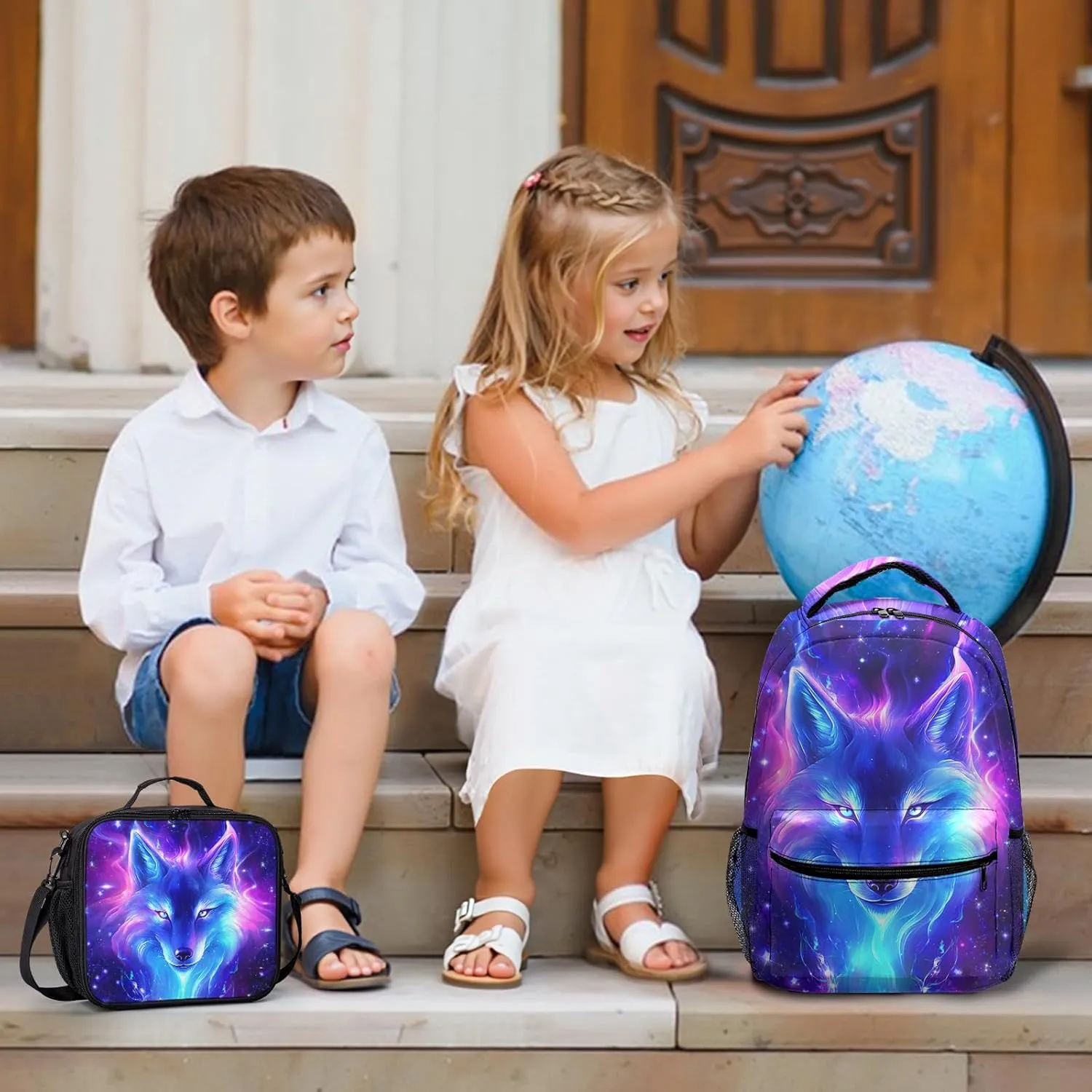 Wolf Galaxy Backpack for Boys Girls Cool Starry Sky Wolf Kids Bookbag Blue Purple Animal Print School Bag Lightweight Students Back Pack for Preschool Elementary Kindergarten