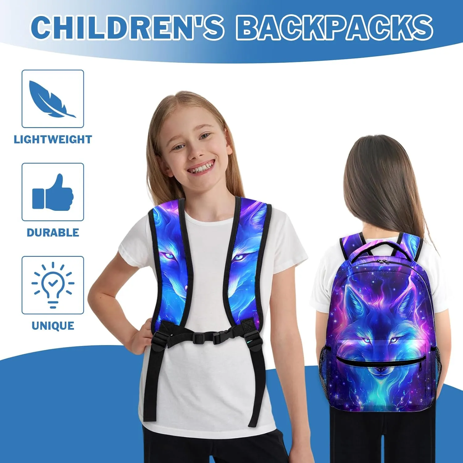 Wolf Galaxy Backpack for Boys Girls Cool Starry Sky Wolf Kids Bookbag Blue Purple Animal Print School Bag Lightweight Students Back Pack for Preschool Elementary Kindergarten