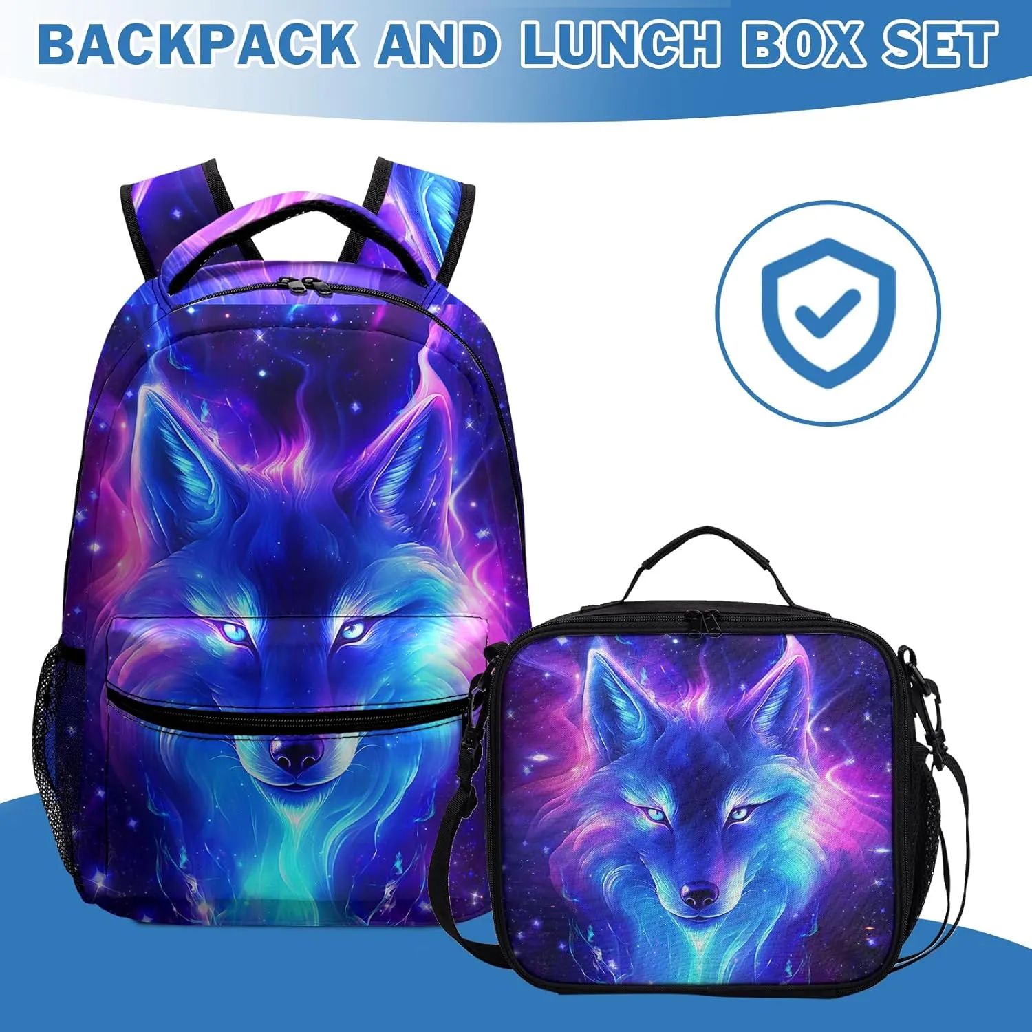 Wolf Galaxy Backpack for Boys Girls Cool Starry Sky Wolf Kids Bookbag Blue Purple Animal Print School Bag Lightweight Students Back Pack for Preschool Elementary Kindergarten
