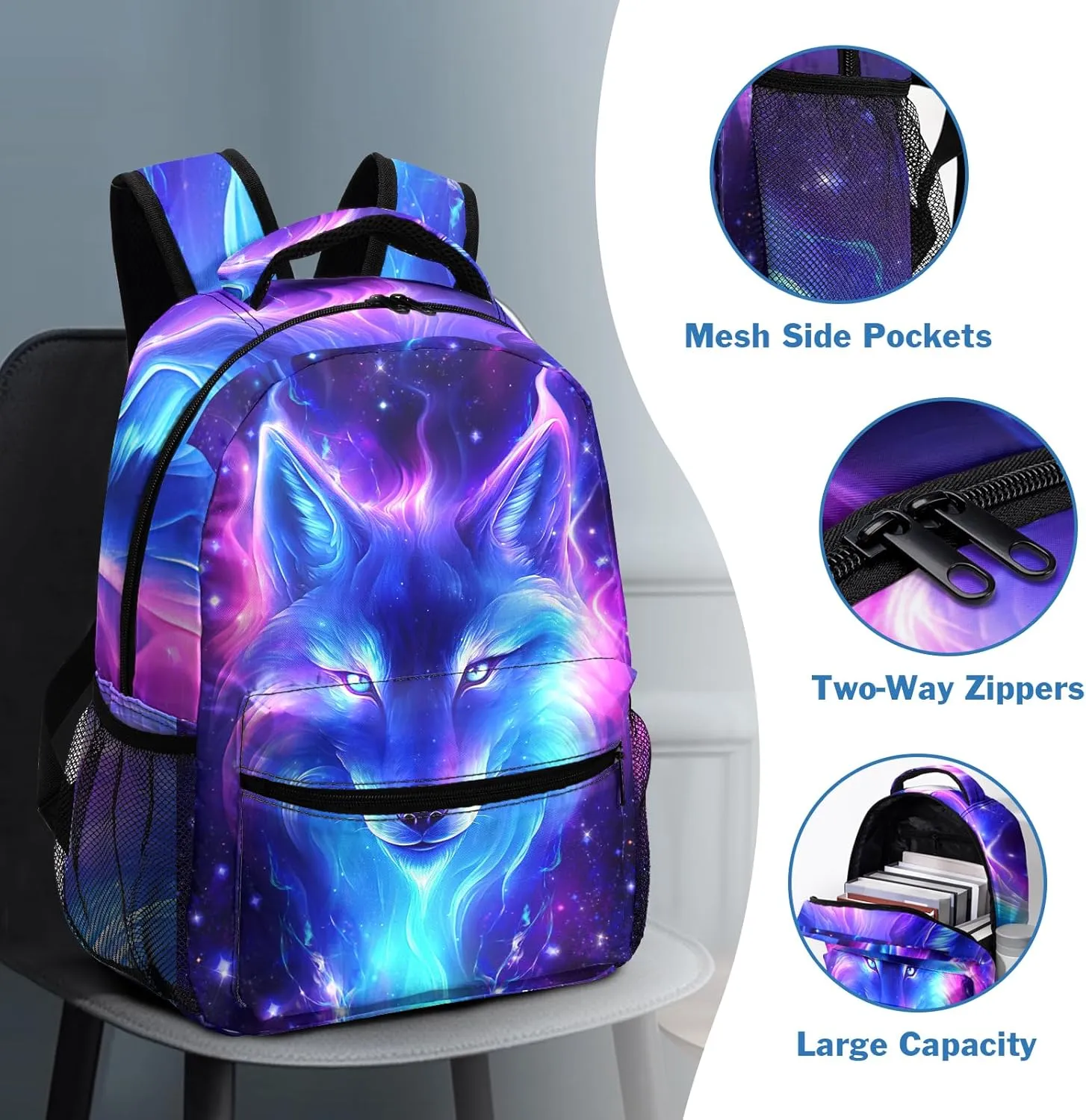 Wolf Galaxy Backpack for Boys Girls Cool Starry Sky Wolf Kids Bookbag Blue Purple Animal Print School Bag Lightweight Students Back Pack for Preschool Elementary Kindergarten