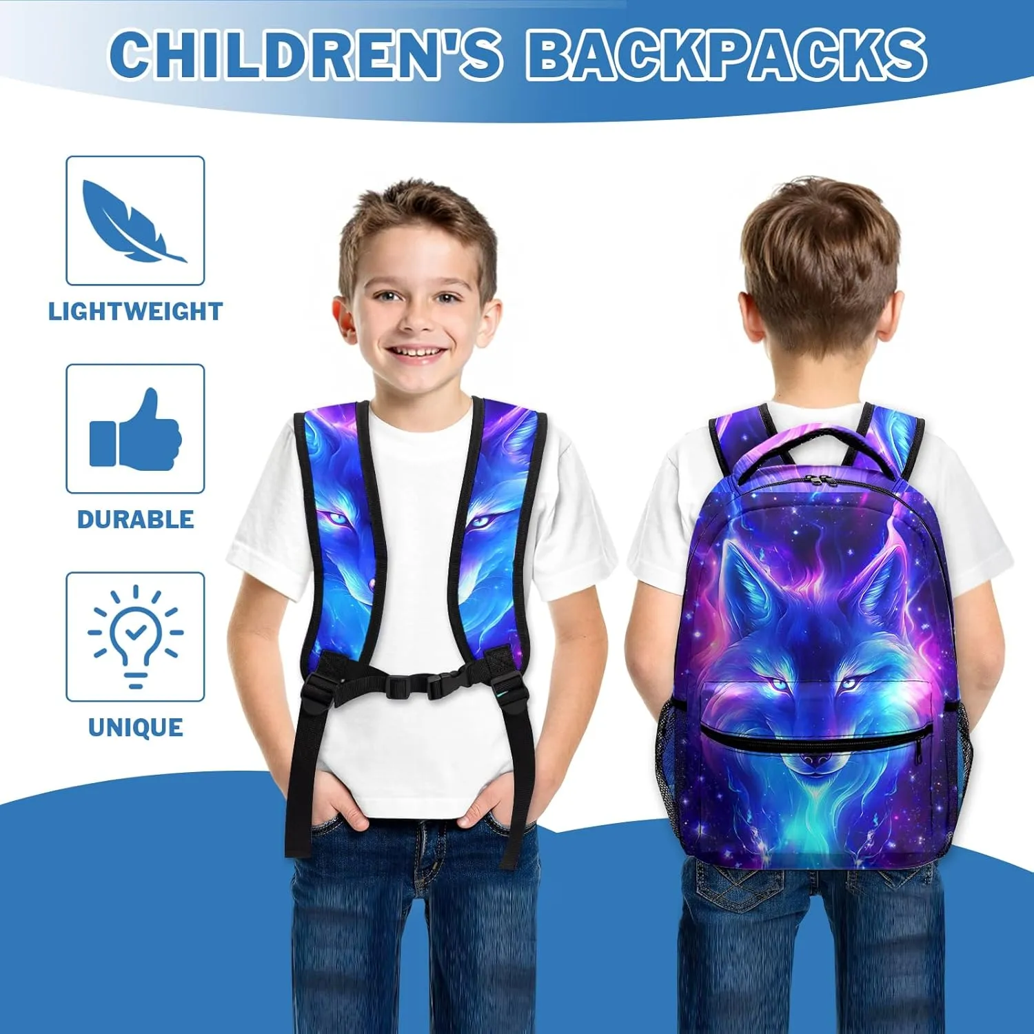 Wolf Galaxy Backpack for Boys Girls Cool Starry Sky Wolf Kids Bookbag Blue Purple Animal Print School Bag Lightweight Students Back Pack for Preschool Elementary Kindergarten