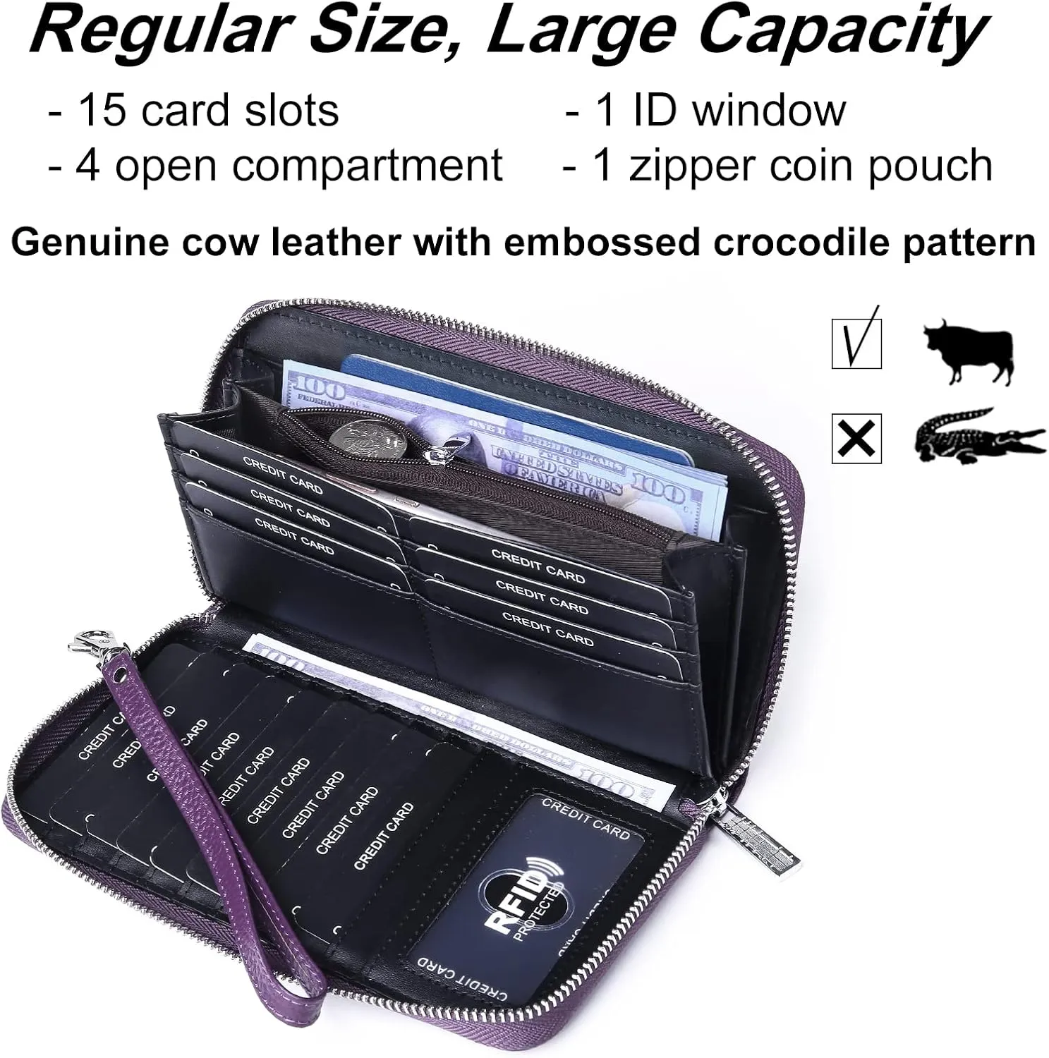 Womens Wallets Large Capacity RFID Blocking Genuine Leather Wallet for Women Zip Clutch Card Holder with Wristlet