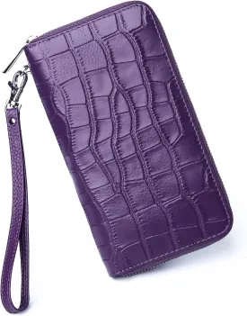 Womens Wallets Large Capacity RFID Blocking Genuine Leather Wallet for Women Zip Clutch Card Holder with Wristlet