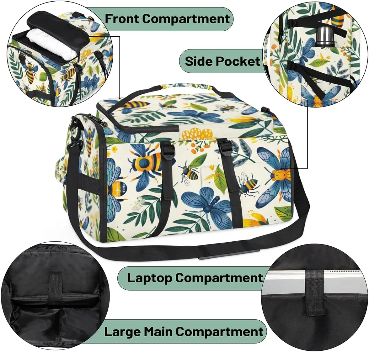 Yellow Bee Travel Backpack Carry On Flight Approved for Women Men, 18.9 Inch Large Spring Vinatge Floral Airline Approved Luggage Weekender Backpacks